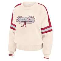 Women's WEAR by Erin Andrews  Cream Alabama Crimson Tide Chenille Woven Patch Stripe Pullover Sweater