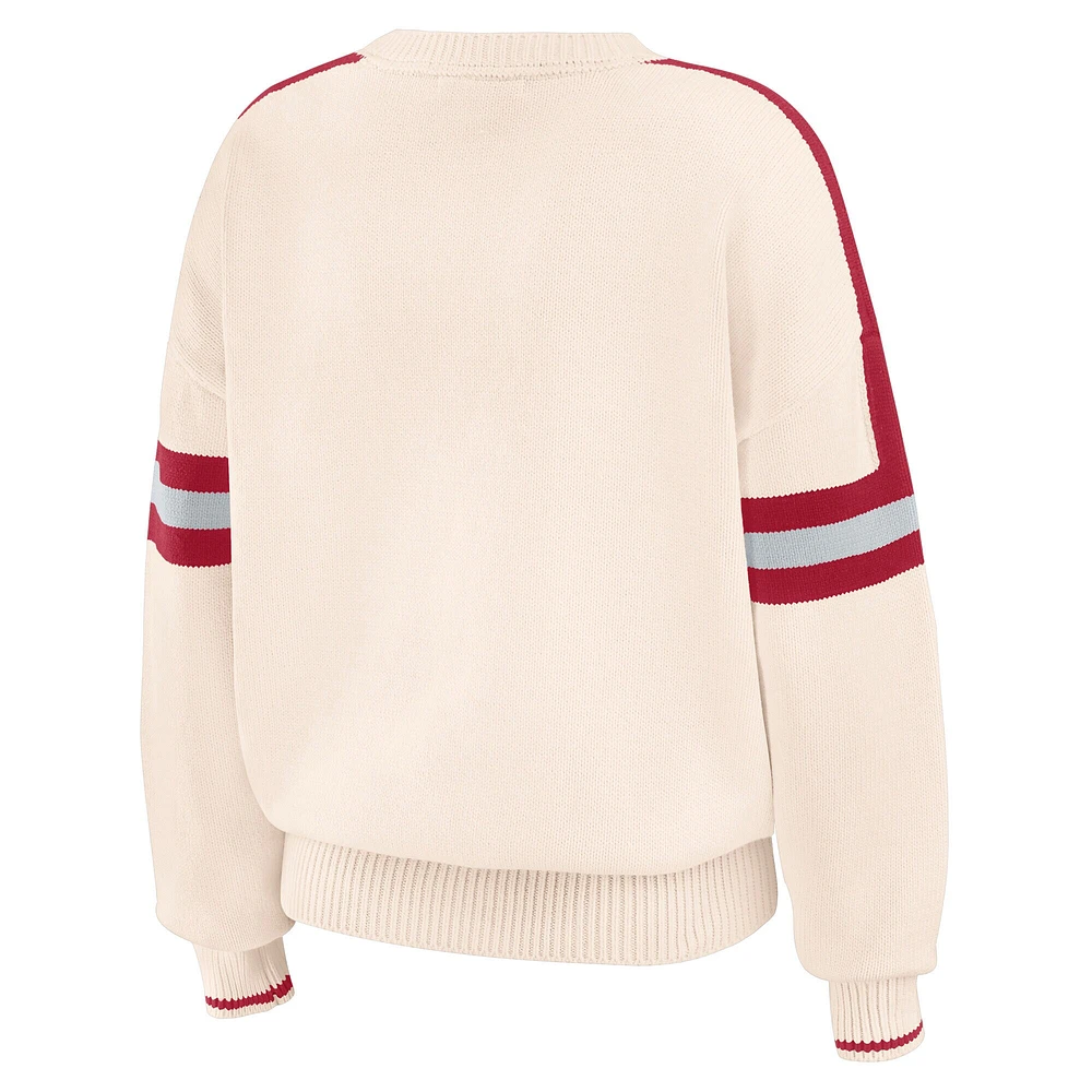 Women's WEAR by Erin Andrews  Cream Alabama Crimson Tide Chenille Woven Patch Stripe Pullover Sweater