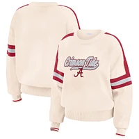 Women's WEAR by Erin Andrews  Cream Alabama Crimson Tide Chenille Woven Patch Stripe Pullover Sweater