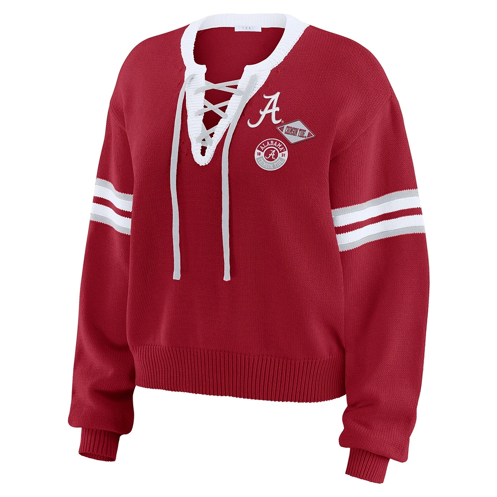 Women's WEAR by Erin Andrews Crimson Alabama Tide Lace-Up Pullover Sweater