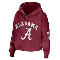 Women's WEAR by Erin Andrews Crimson Alabama Tide Mixed Media Cropped Pullover Hoodie