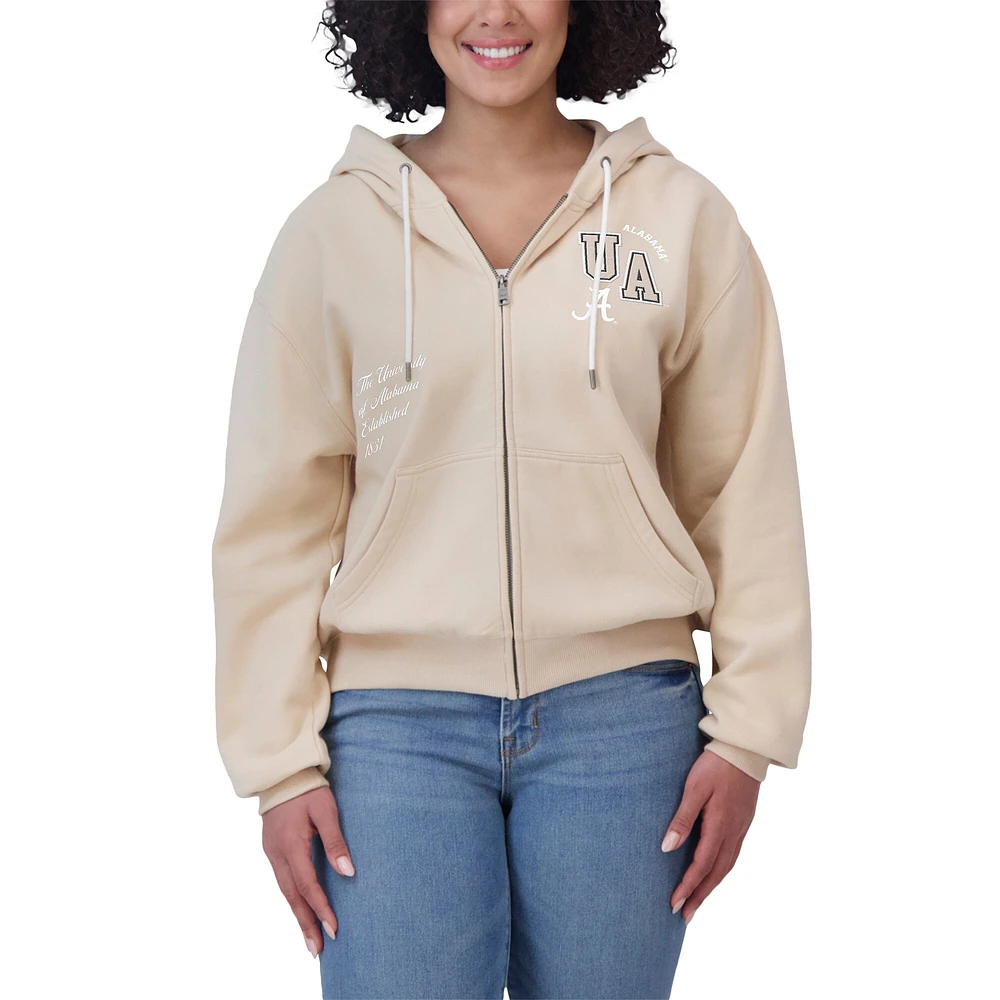 Women's WEAR by Erin Andrews Tan Alabama Crimson Tide Mixed Media Tonal Full-Zip Hoodie