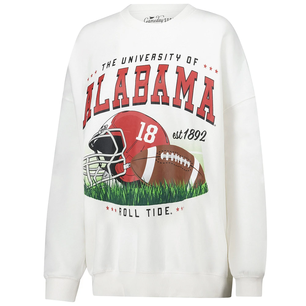 Women's White Alabama Crimson Tide Oversized Malone Multimedia Football Pullover Sweatshirt