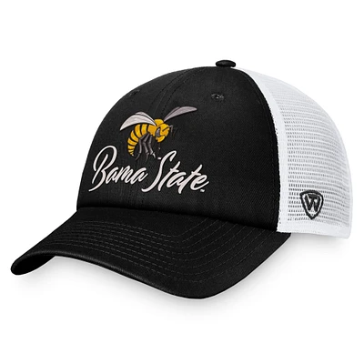 Casquette réglable Top of the World pour femmes, noir/blanc, Alabama State Hornets Charm Trucker