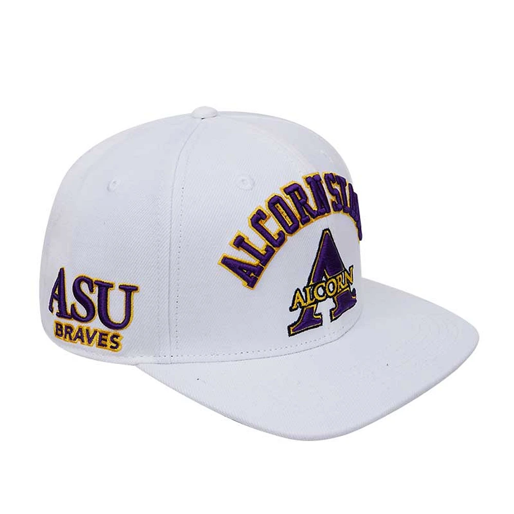 Casquette Snapback en laine Arch Over Pro Standard pour homme Alcorn State Braves blanche