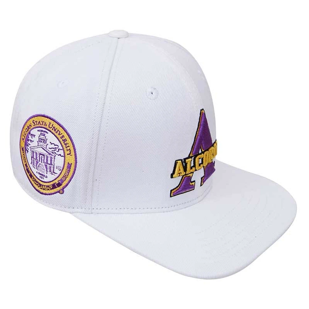 Casquette Snapback en laine avec logo principal des Alcorn State Braves Pro Standard pour homme, blanche