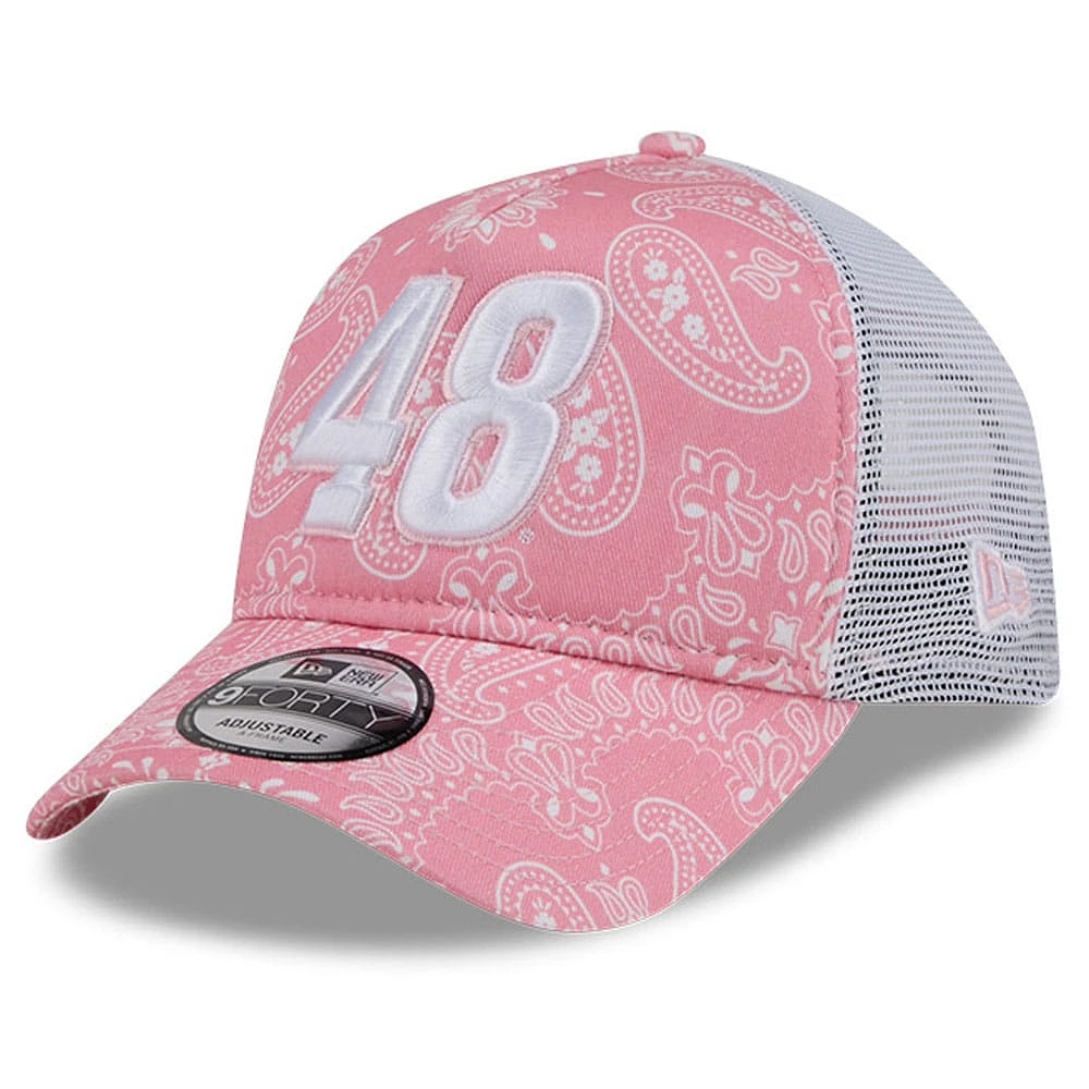 Casquette réglable rose Alex Bowman 9FORTY A-Frame Trucker Paisley New Era pour hommes