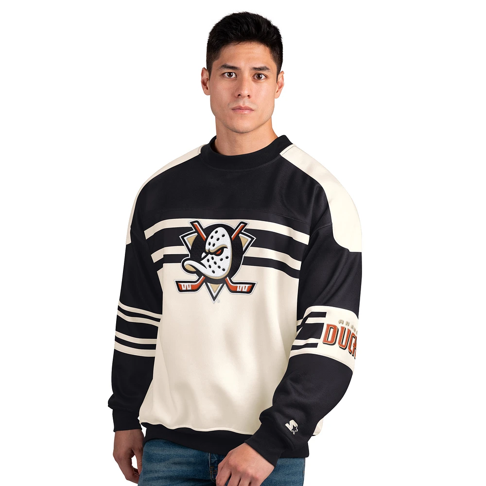 Men's Starter  Cream/Black Anaheim Ducks Defense Fleece Crewneck Pullover Sweatshirt