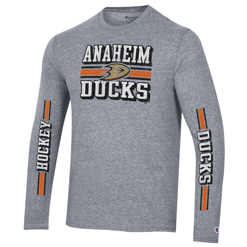 T-shirt à manches longues triple mélange double bande Champion Heather Grey Anaheim Ducks pour hommes