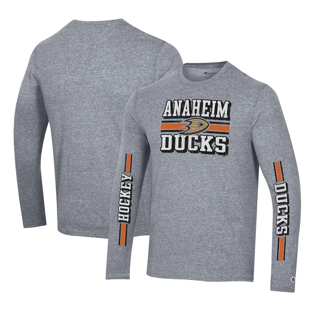 T-shirt à manches longues triple mélange double bande Champion Heather Grey Anaheim Ducks pour hommes