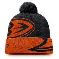 Bonnet en tricot à revers avec pompon noir/orange Anaheim Ducks Block Party pour homme Fanatics