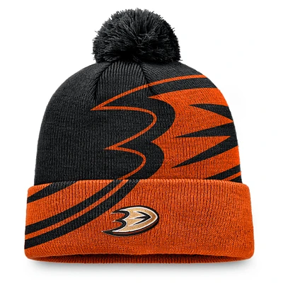 Men's Fanatics Black/Orange Anaheim Ducks Block Party Cuffed Knit Hat with Pom