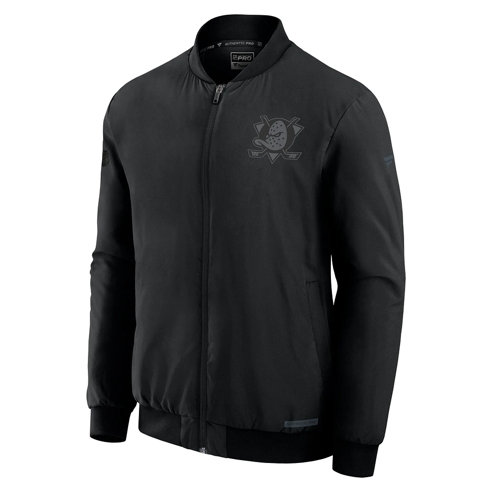 Blouson aviateur zippé Fanatics Pro Road pour homme, noir, des Ducks d'Anaheim