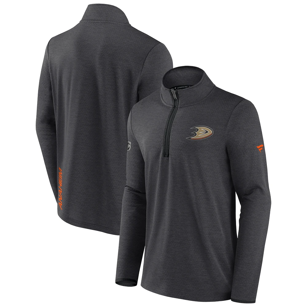 Veste à quart de zip authentique Pro Rink Fanatics Heather Charcoal Anaheim Ducks pour hommes