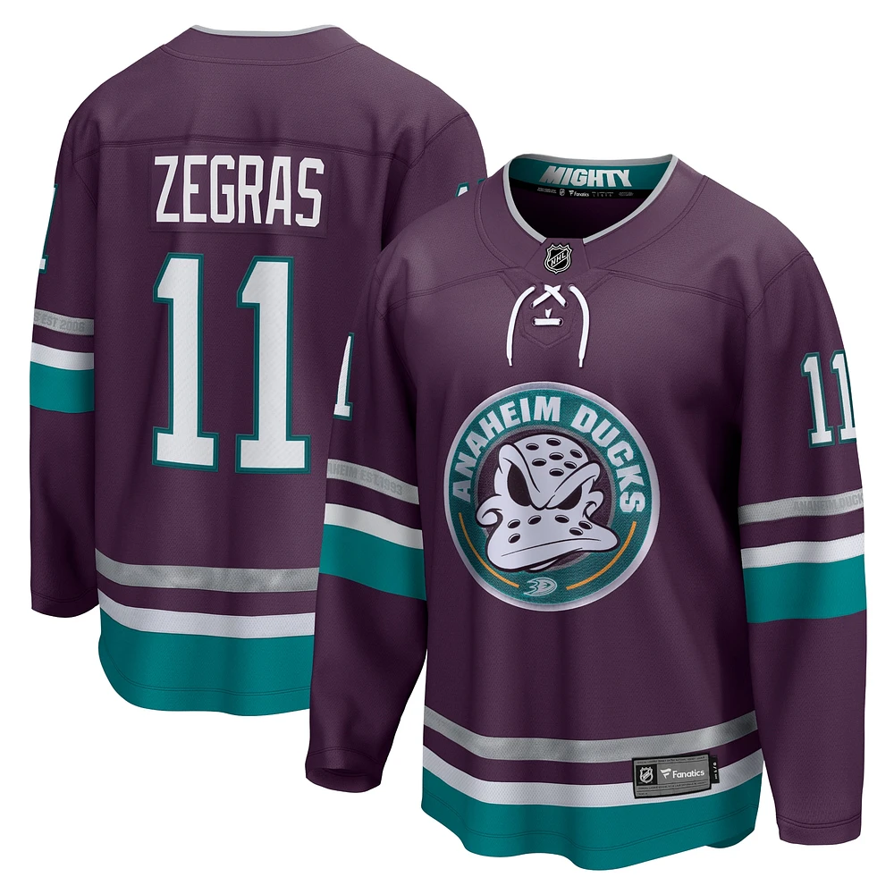 Maillot Premier Breakaway du 30e anniversaire des Ducks d'Anaheim violet Fanatics Trevor Zegras pour hommes