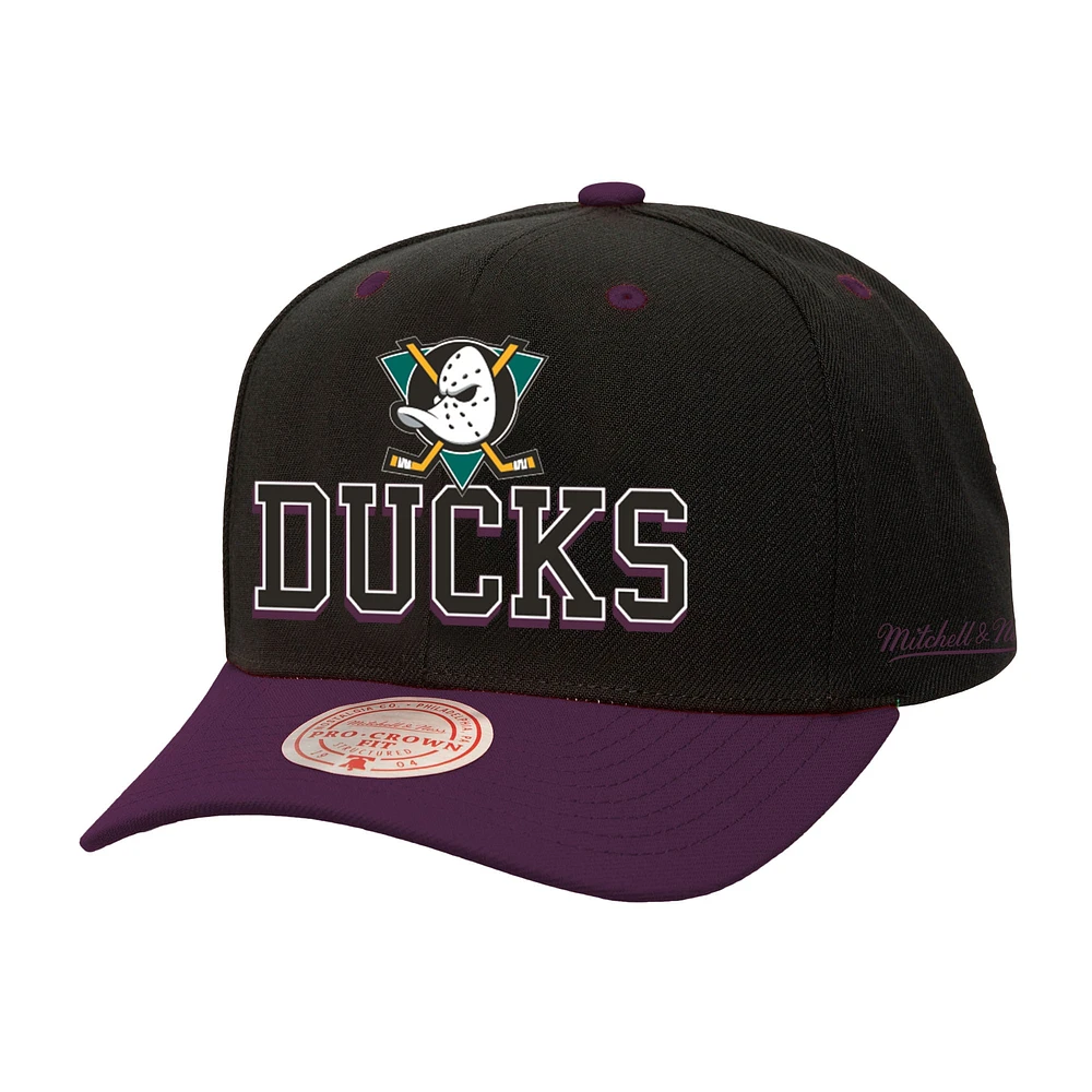 Men's Mitchell & Ness Black/Purple Anaheim Ducks Backside Script Two-Tone Pro Crown Adjustable Hat