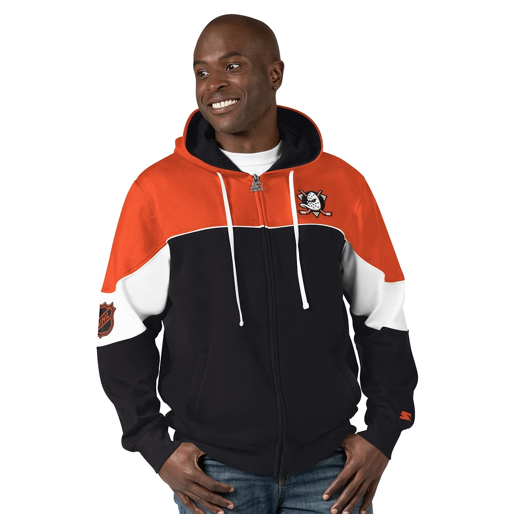 Men's Starter  Black/Orange Anaheim Ducks Power Forward Full-Zip Hoodie