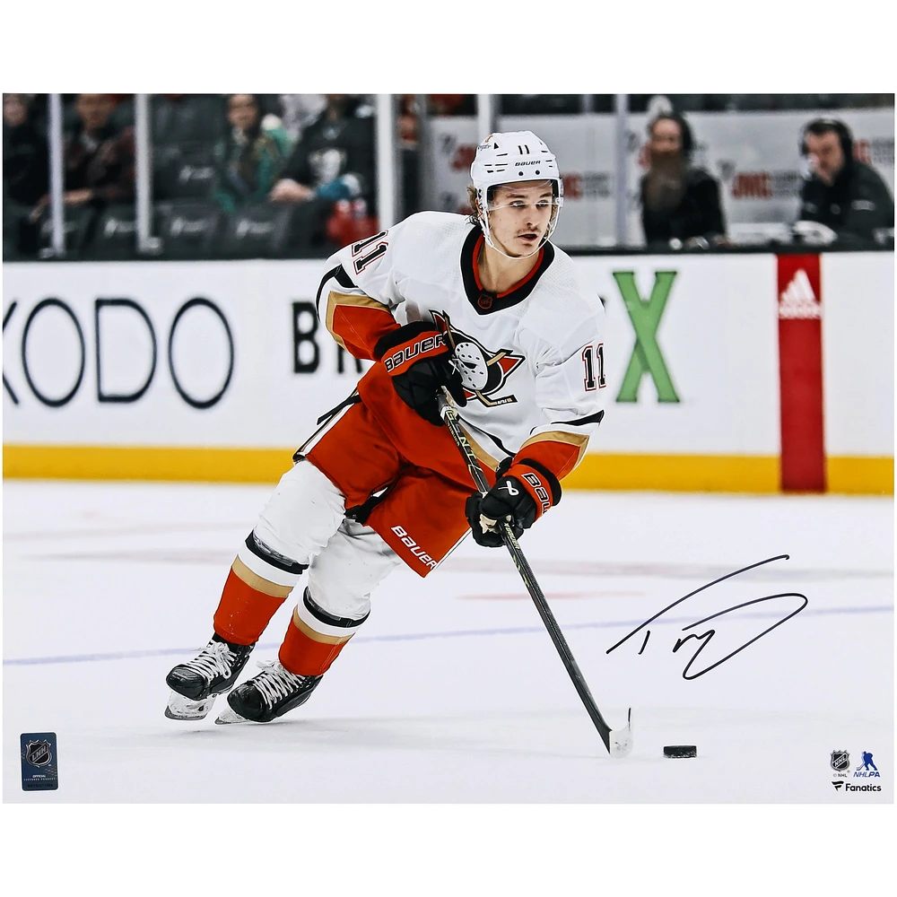 Maillot rétro inversé autographié de 16" x 20" 2022 de Trevor Zegras avec photo de la rondelle des Ducks d'Anaheim