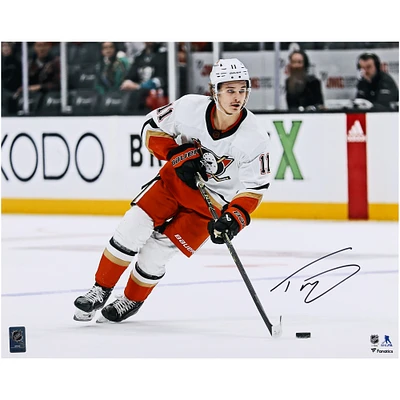 Maillot rétro inversé autographié de 16" x 20" 2022 de Trevor Zegras avec photo de la rondelle des Ducks d'Anaheim