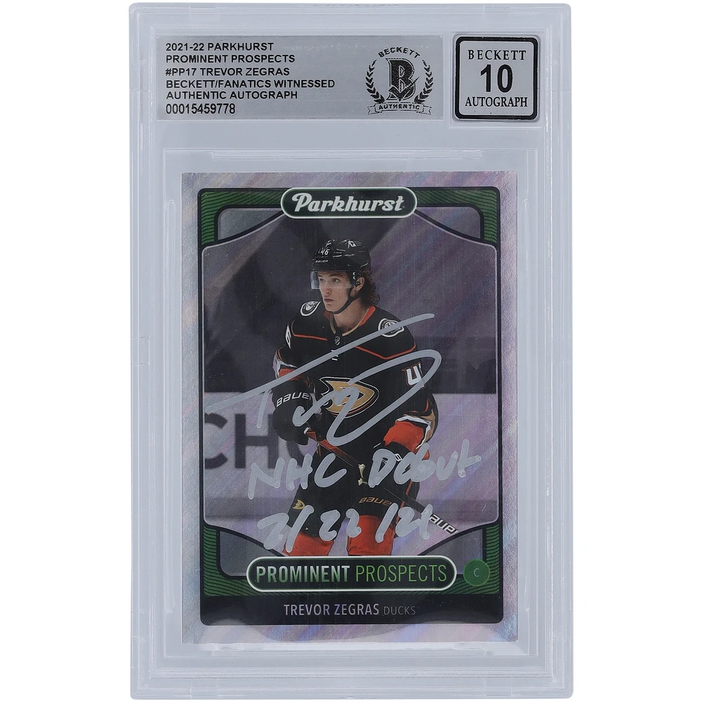Trevor Zegras Anaheim Ducks Autographed 2021-22 Upper Deck Parkhurst Prominent Prospects #PP17 Beckett Fanatics Witnessed Authenticated 10 Rookie Card with "NHL Debut 2/22/21" Inscription
