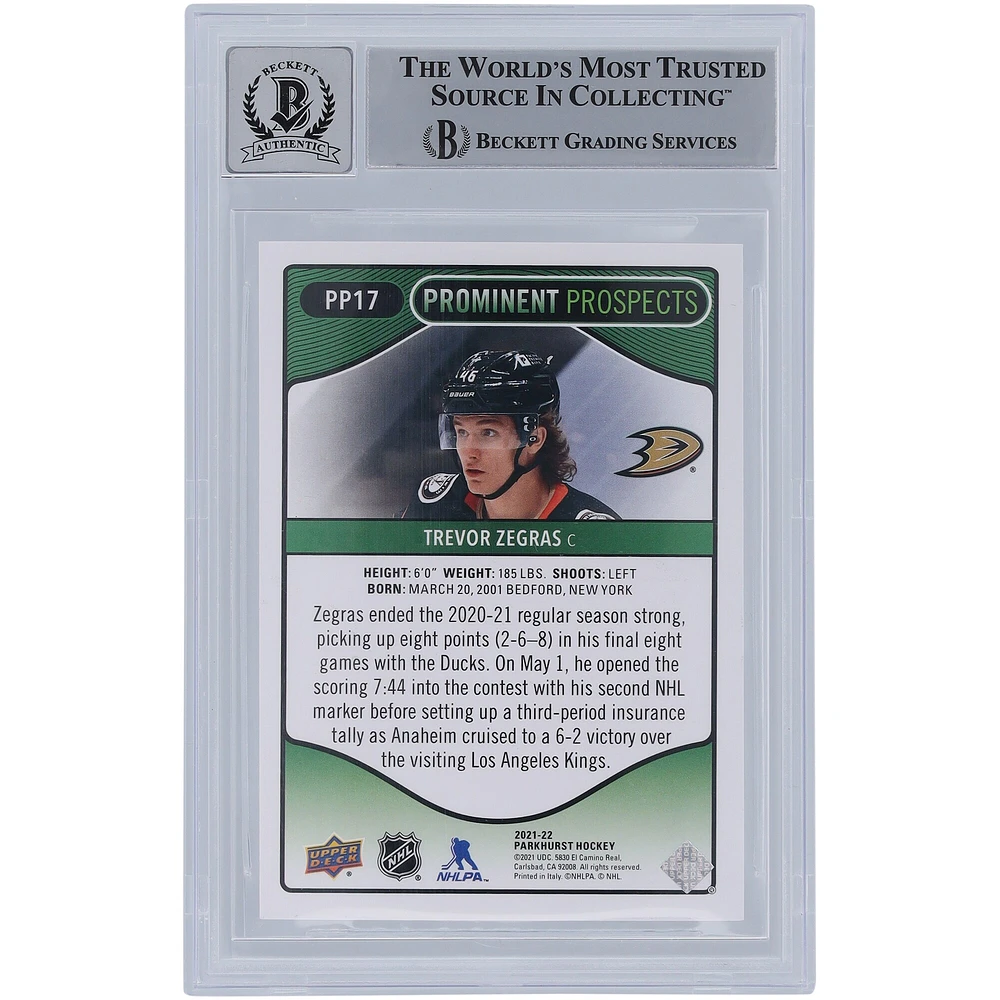 Trevor Zegras Anaheim Ducks Autographed 2021-22 Upper Deck Parkhurst Prominent Prospects #PP17 Beckett Fanatics Witnessed Authenticated 10 Rookie Card with "NHL Debut 2/22/21" Inscription