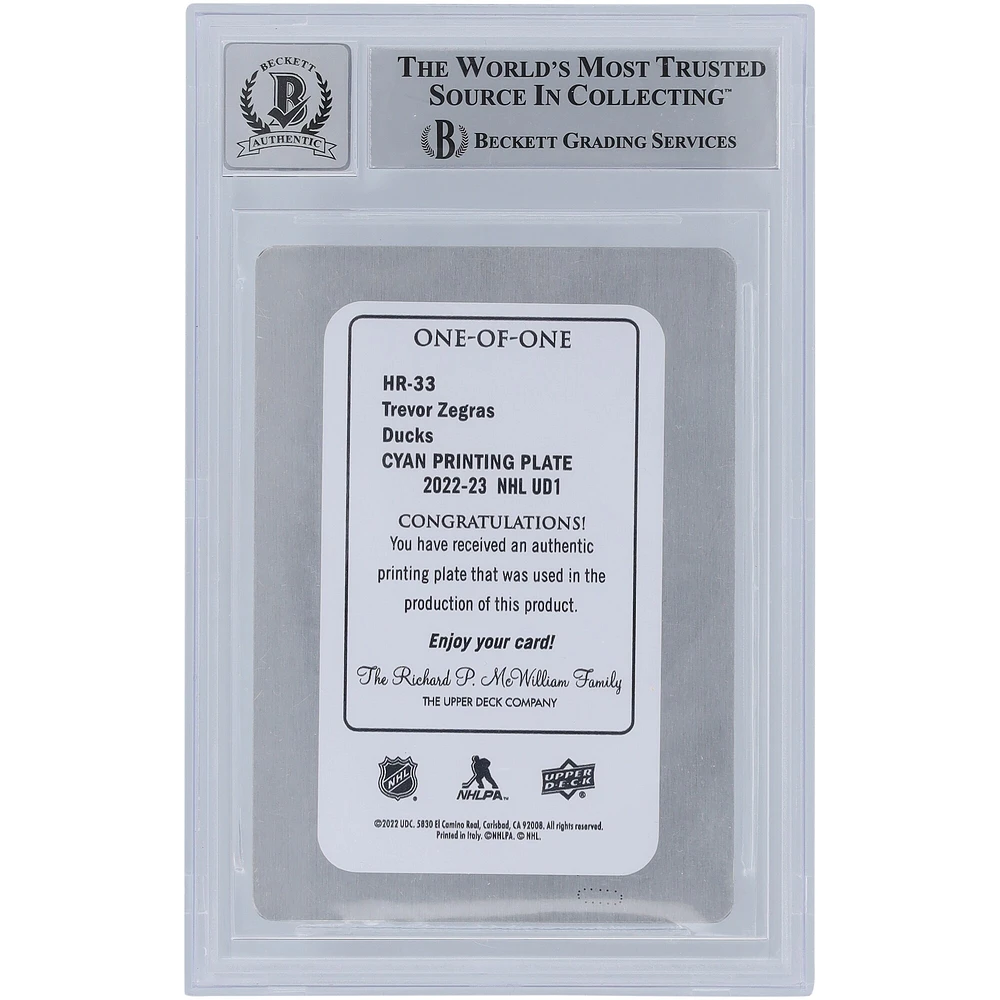Trevor Zegras Anaheim Ducks Autographié 2021-22 Upper Deck Série 1 Plaque d'impression #HR-33 #1/1 Beckett Fanatics Witnessed Authenticated 10 Rookie Card avec l'inscription "Lets Go Ducks"