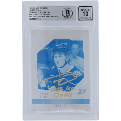 Trevor Zegras Anaheim Ducks Autographié 2021-22 Upper Deck Série 1 Plaque d'impression #HR-33 #1/1 Beckett Fanatics Witnessed Authenticated 10 Rookie Card avec l'inscription "Lets Go Ducks"