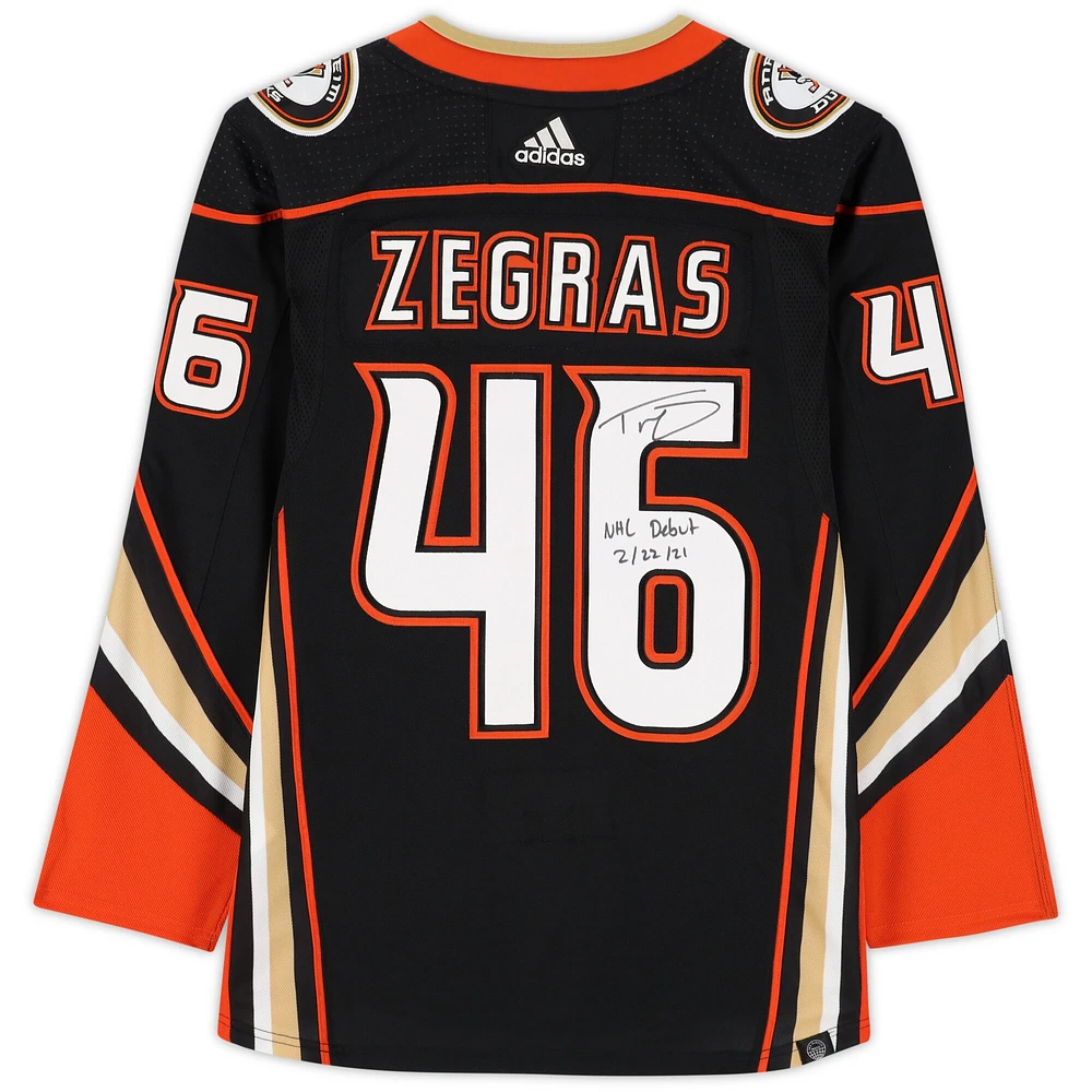 Trevor Zegras Anaheim Ducks Autographed Black Adidas Authentic Jersey with "NHL Debut 2/22/21" Inscription