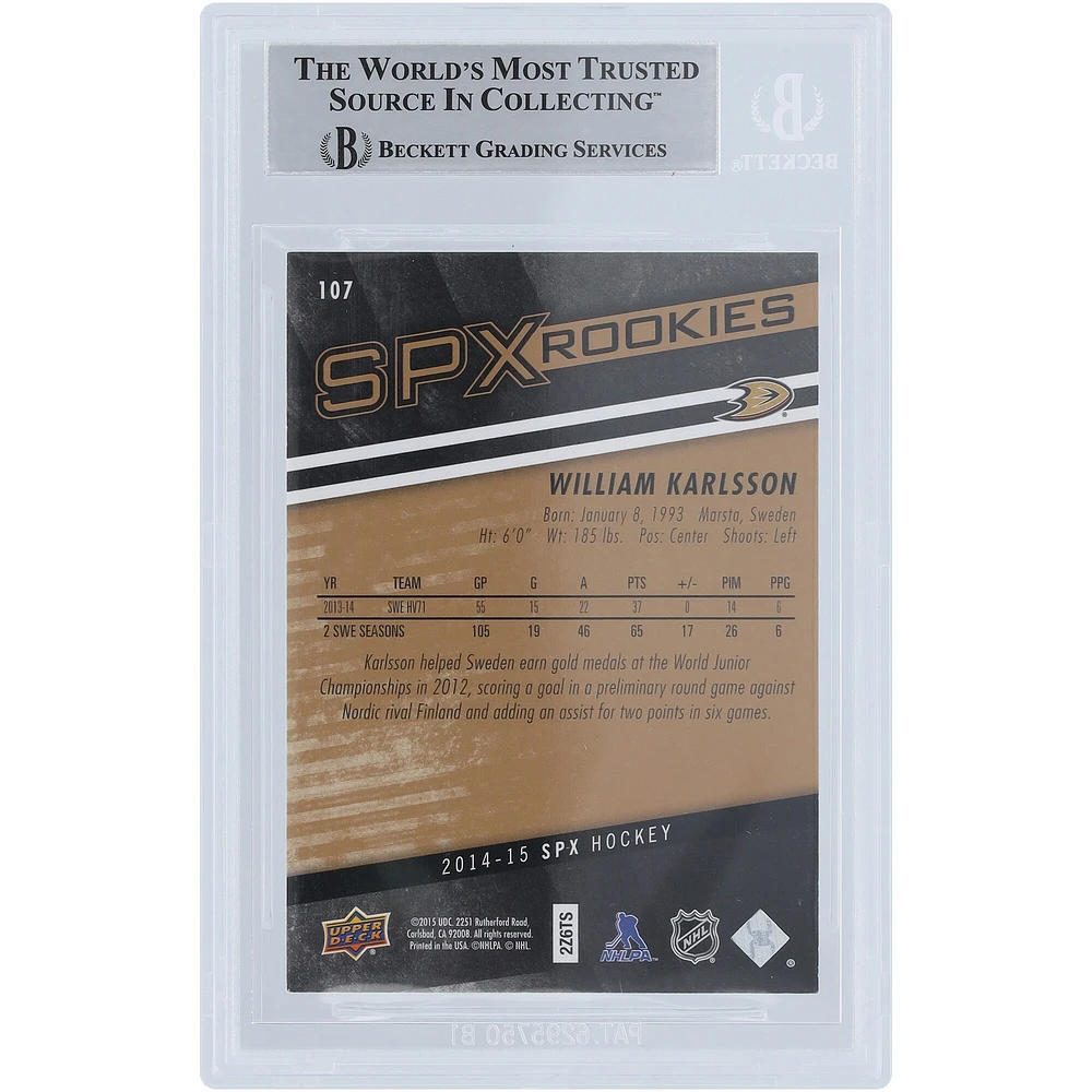 Carte de recrue authentifiée 2014-15 Upper Deck SPX Rookies #107 Beckett autographiée par William Karlsson des Anaheim Ducks