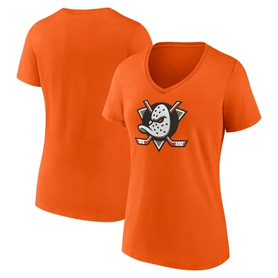 T-shirt orange à col en V avec logo principal des Ducks d'Anaheim Fanatics pour femmes