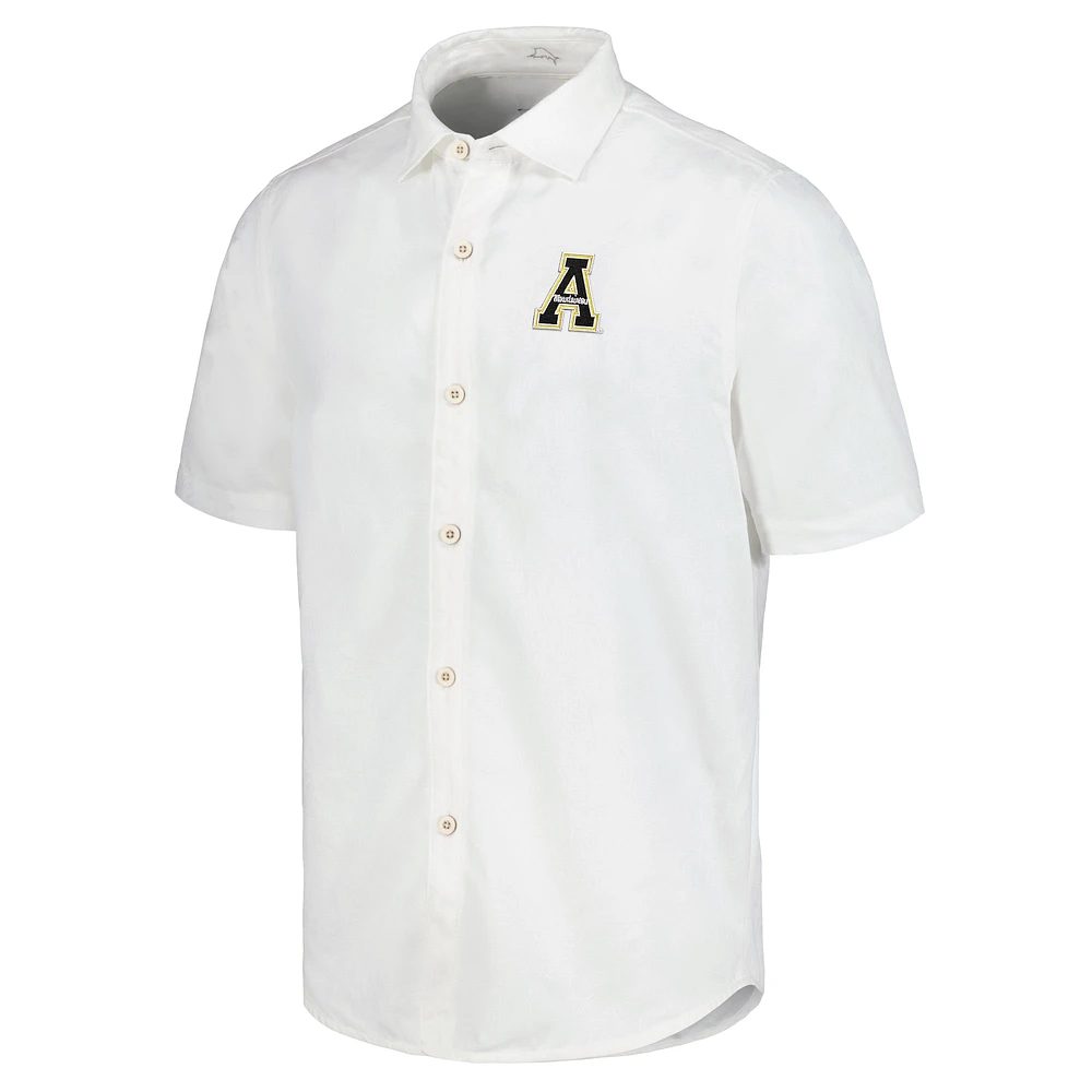 Chemise boutonnée Tommy Bahama pour hommes, blanche, Appalachian State Mountaineers, Coconut Point, Palm Vista, IslandZone Camp