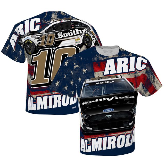 Collection Stewart-Haas Racing Team pour homme, blanc, Aric Almirola Smithfield, t-shirt à imprimé total patriotique sublimé