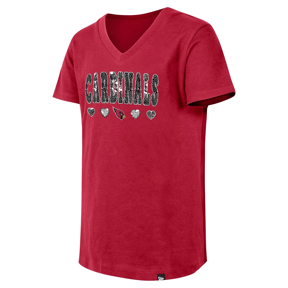 Girls Youth New Era Cardinal Arizona Cardinals Flip Sequin V-Neck T-Shirt