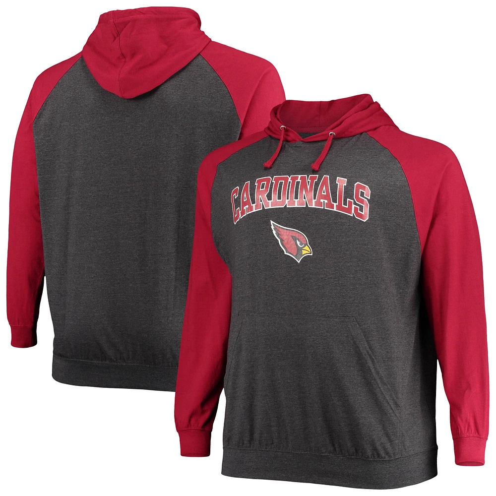 Sweat à capuche léger raglan Fanatics Cardinal/Heathered Charcoal pour hommes des Arizona Cardinals Big & Tall