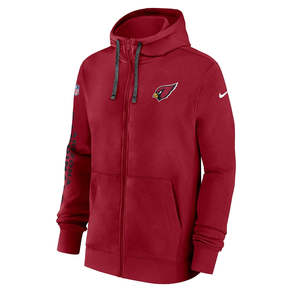 Sweat à capuche entièrement zippé Nike Cardinal Arizona Cardinals 2024 Sideline Club pour homme