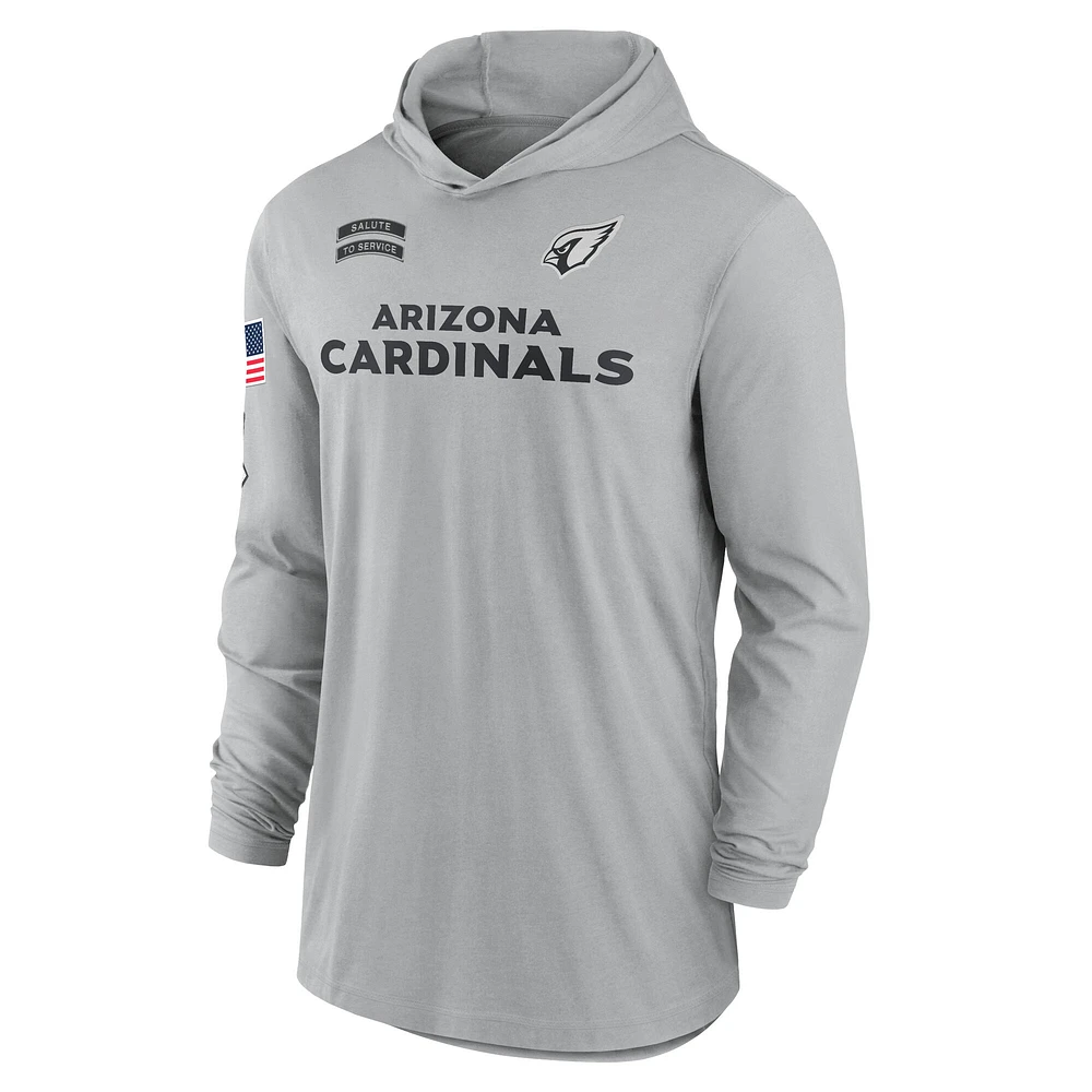 T-shirt à capuche léger manches longues et Nike Silver Arizona Cardinals 2024 Salute to Service Dri-Fit pour homme