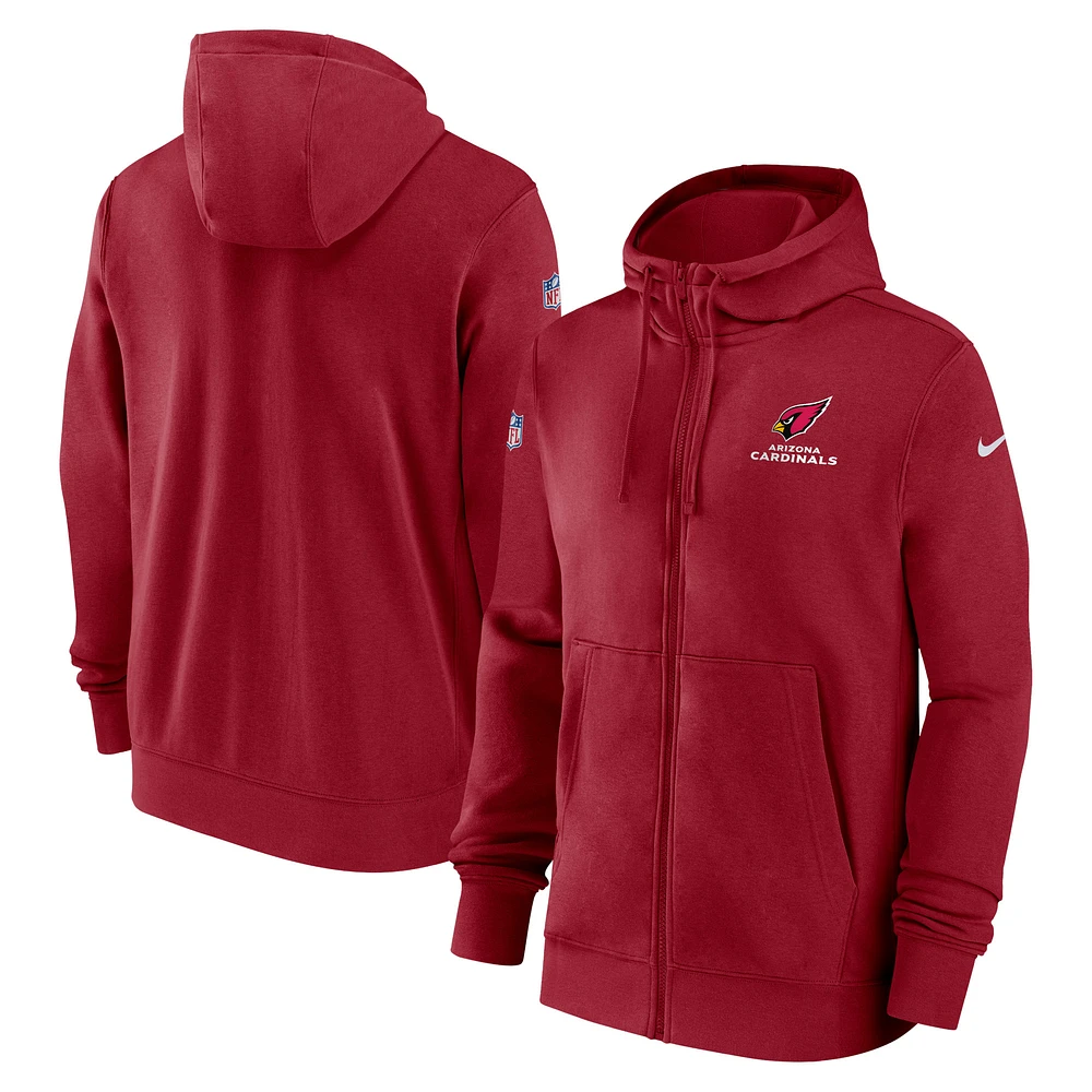 Sweat à capuche entièrement zippé Nike rouge Arizona Cardinals 2023/24 Sideline Club pour homme