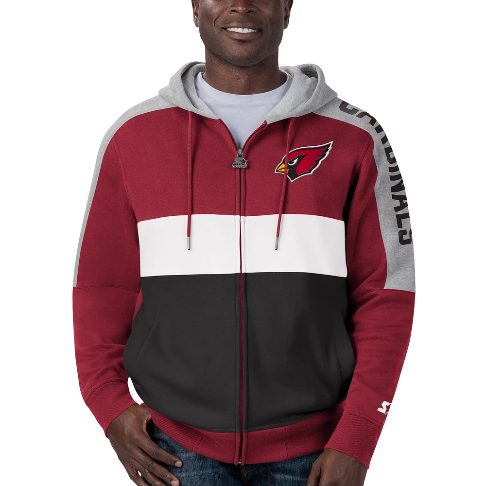 Men's Starter Cardinal/Black Arizona Cardinals Playoffs Color Block Full-Zip Hoodie