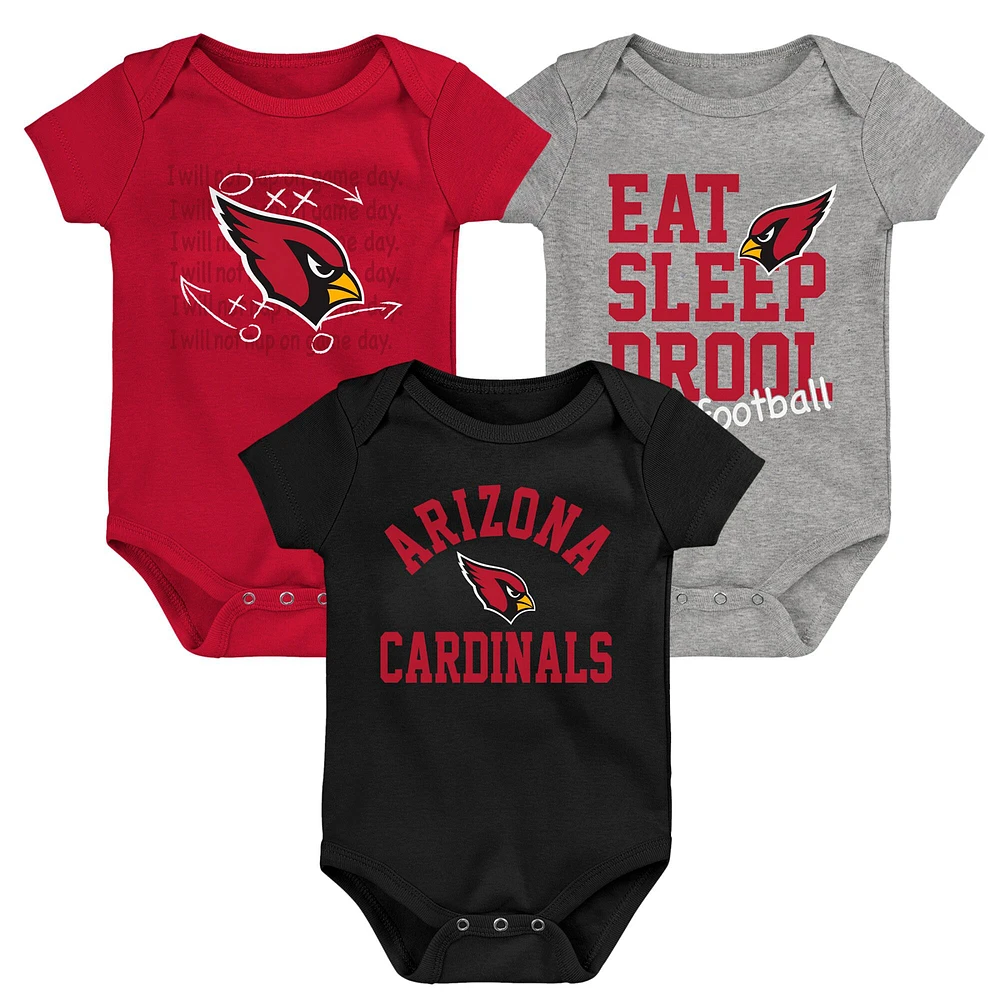 Newborn & Infant Black/Cardinal/Heather Gray Arizona Cardinals Three-Pack Eat, Sleep Drool Retro Bodysuit Set