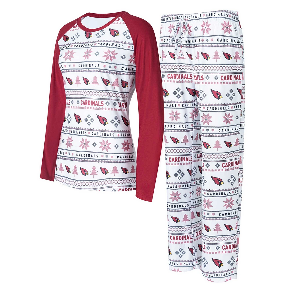 Ensemble de nuit Concepts Sport blanc/Cardinal Arizona Cardinals Tinsel raglan avec t-shirt et pantalon à manches longues pour femmes