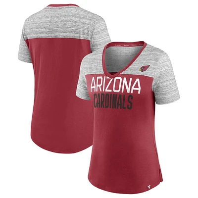 T-shirt à col en V Fanatics Cardinal/Heathered Grey pour femmes des Arizona Cardinals