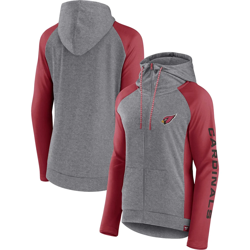 Sweat à capuche léger entièrement zippé pour femmes Fanatics Heather Grey/College Cardinal Arizona Cardinals Blind Side