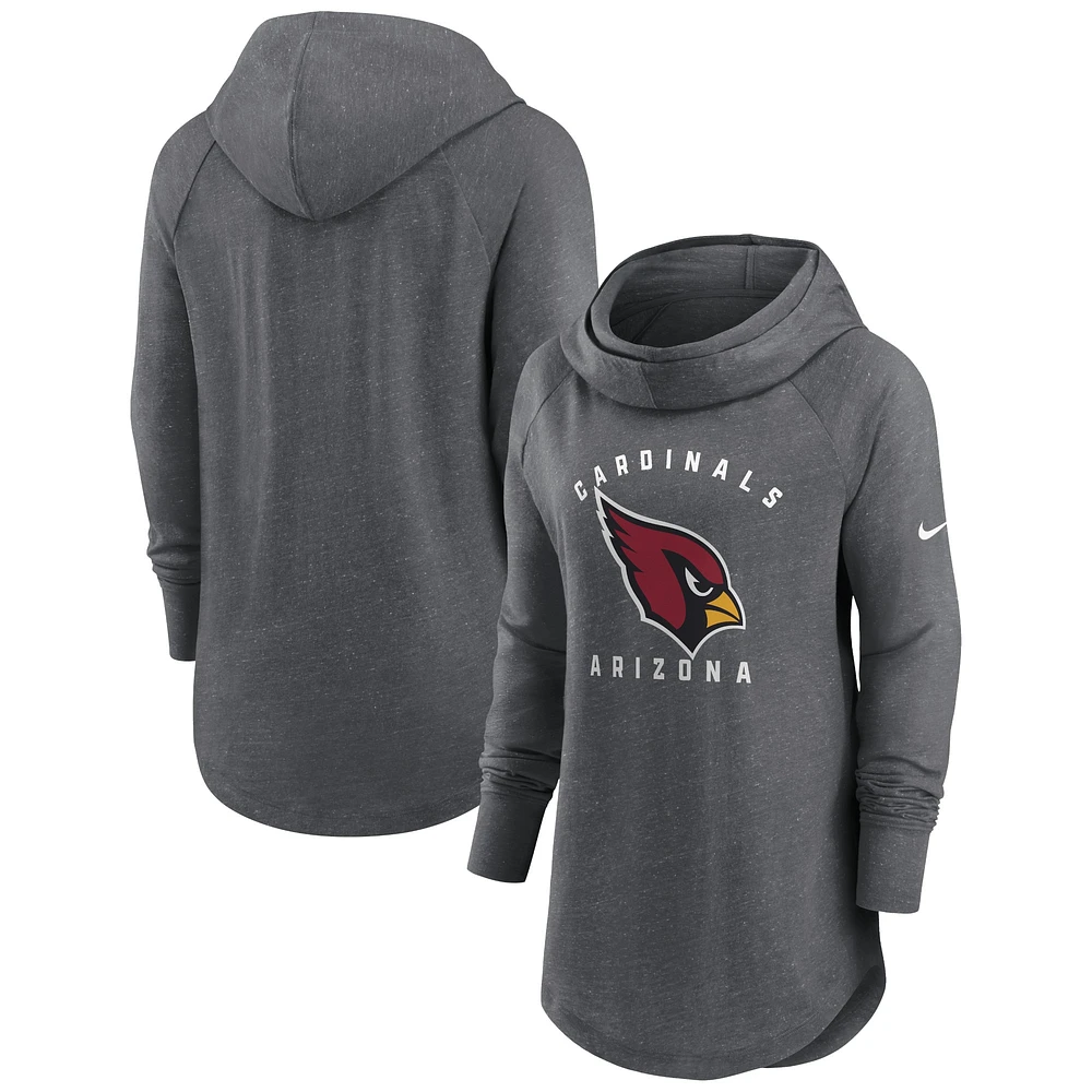 Sweat à capuche raglan col cheminée Nike Heather Charcoal pour femmes des Arizona Cardinals