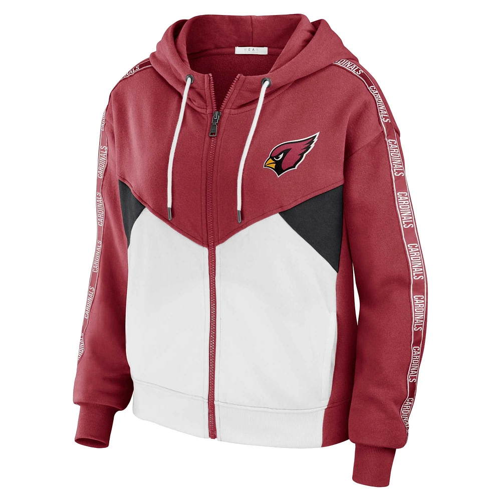 Women's WEAR by Erin Andrews Cardinal/White Arizona Cardinals Color Block Light Weight Modest Crop Full-Zip Hoodie