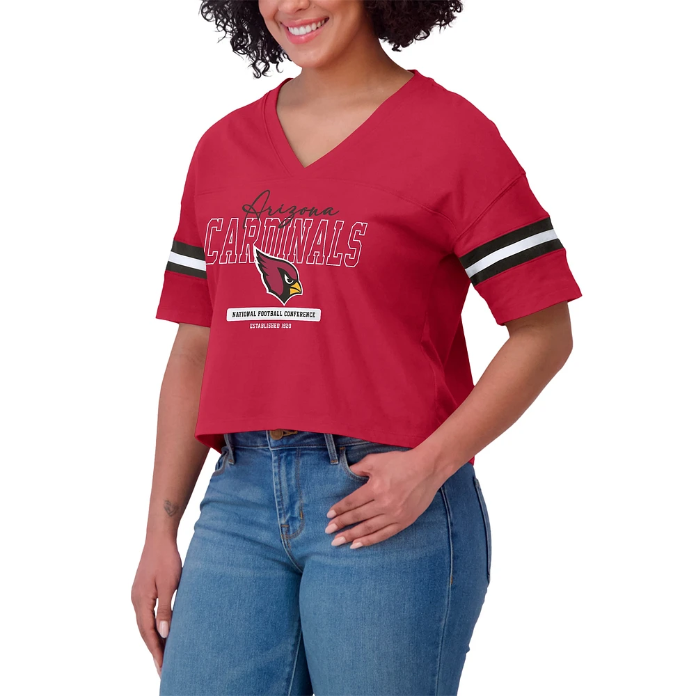 Women's WEAR by Erin Andrews Cardinal Arizona Cardinals Color Block Boxy Modest Crop V-Neck T-Shirt