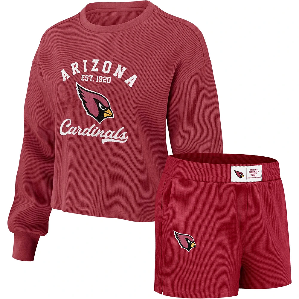 Ensemble de détente pour femme WEAR by Erin Andrews Cardinal Arizona Cardinals avec t-shirt à manches longues et short en tricot gaufré