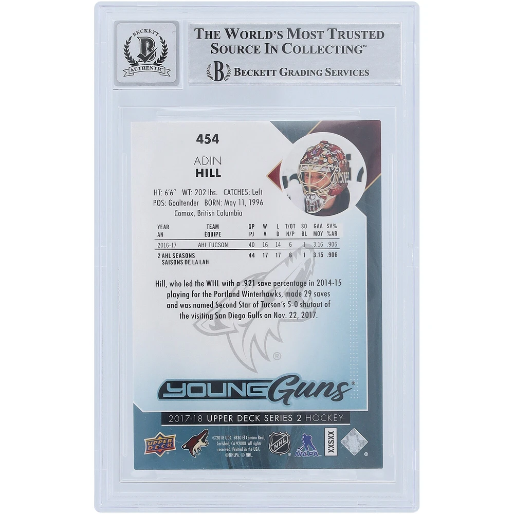 Adin Hill Arizona Coyotes Autographed 2017-18 Upper Deck Series 2 Young Guns #454 Beckett Fanatics Witnessed Authenticated 9/10 Rookie Card 