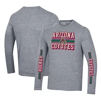 T-shirt à manches longues double bande tri-mélange Champion Heather Grey Arizona Coyotes pour hommes