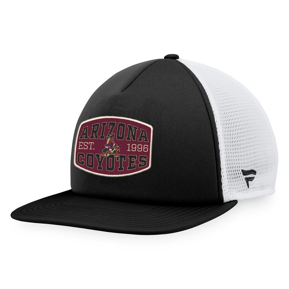 Casquette Snapback de camionneur en mousse avec patch avant en mousse pour hommes Fanatics noir/blanc Arizona Coyotes