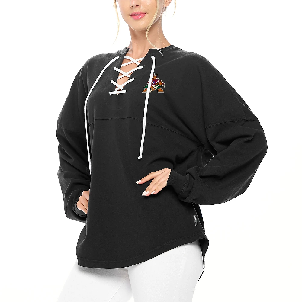 Women's Fanatics Black Arizona Coyotes Spirit Lace-Up V-Neck Long Sleeve Jersey T-Shirt